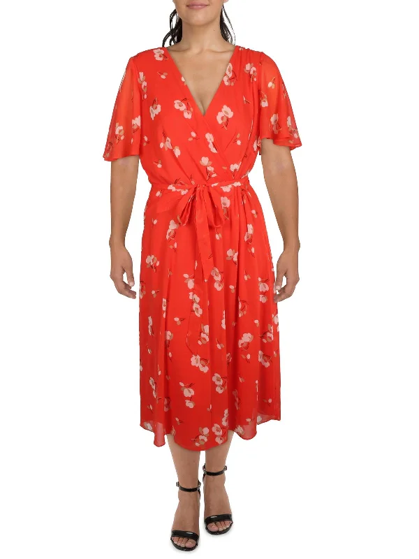 Plus Womens V-Neck Tea Wrap Dress