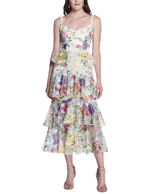 Women's Transitional Garments Marchesa Notte Tiered Embroidered Tea-Length Dress