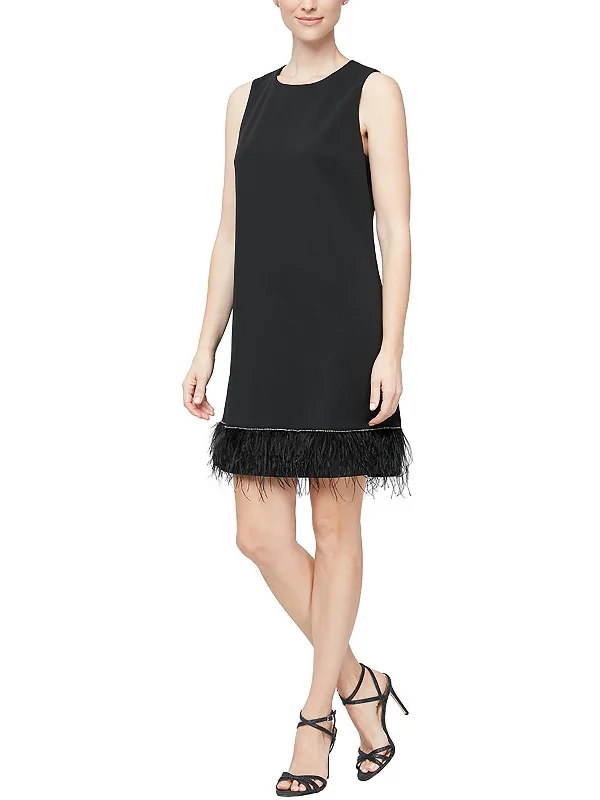 Womens Embellished Feather Trim Shift Dress