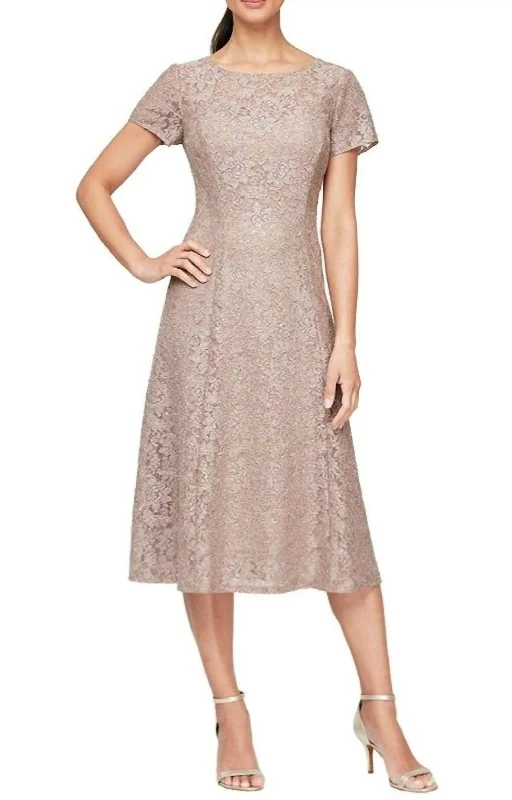 Women's Fashion-Forward Apparel Cap Sleeve Tea Length Sequin Lace Dress In Taupe