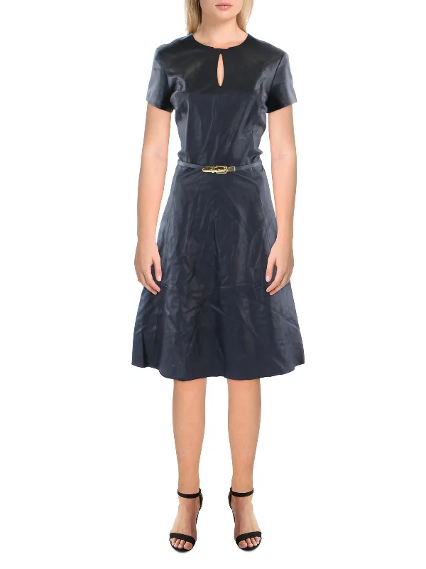 Women's Trendy Apparel Womens Leather Knee-Length Fit & Flare Dress