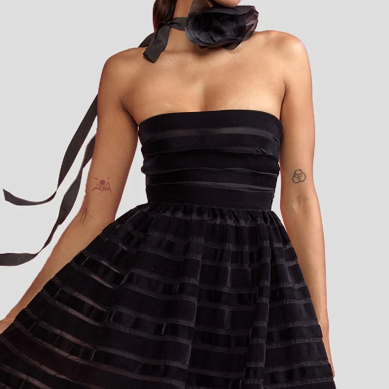 Women's Stylish Casual Garments VELVET RIBBON MESH STRAPLESS DRESS