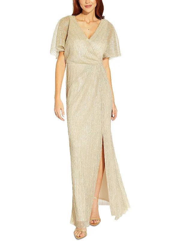 Womens Pleated Metallic Evening Dress