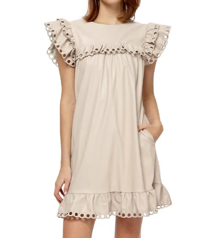 Faux Leather Eyelet Trimmed Shift Dress In Bone