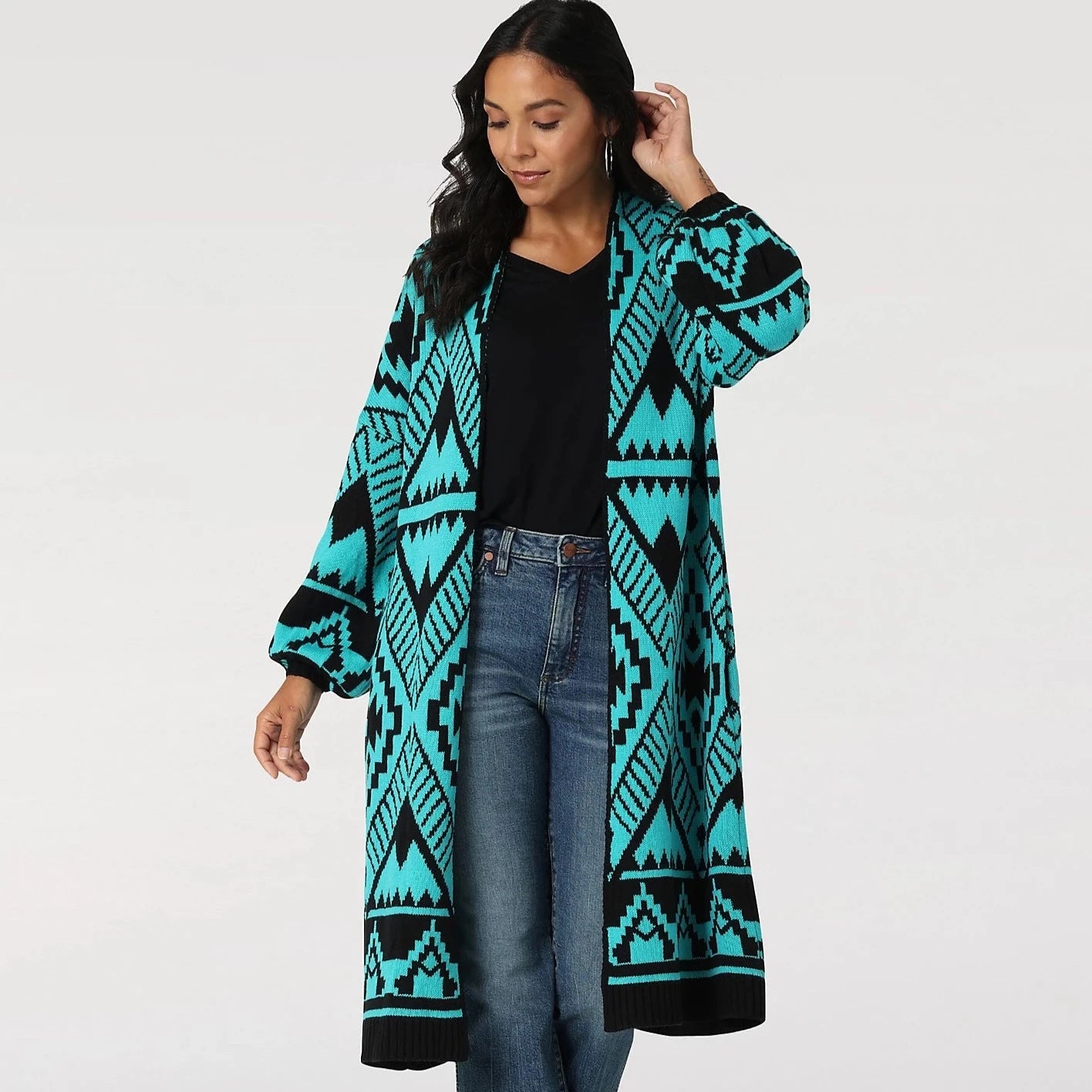 Outfits For Women Wrangler Women's Turquoise Aztec Long Cardigan