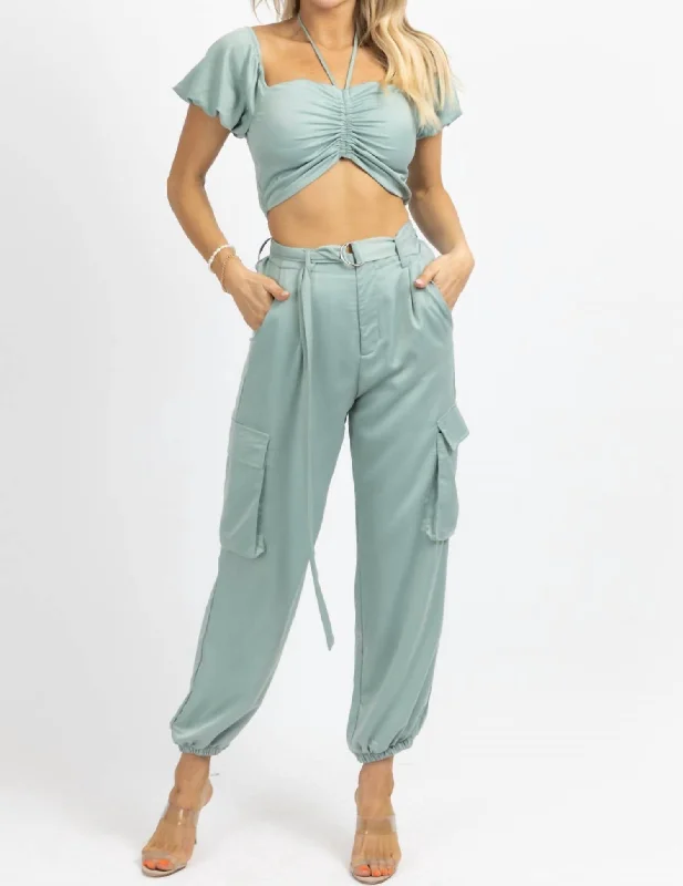 Premium Fashion Crop + Cargo Jogger Pant Set In Jade