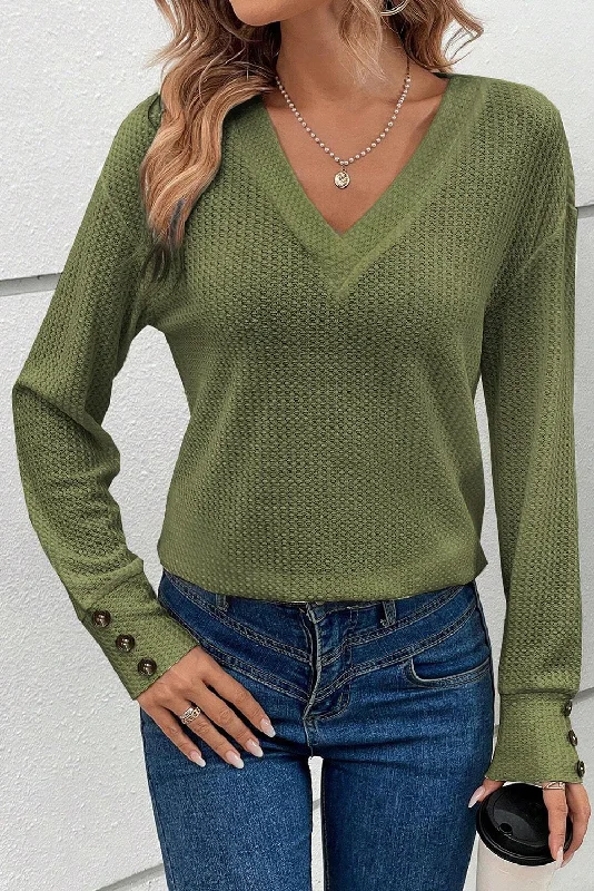 Clearance Sale Online Textured Knit V Neck Button Cuffs Long Sleeve Top