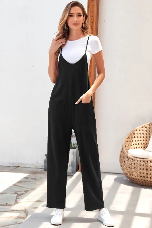 Luxury Women's Clothing Pocketed Adjustable Spaghetti Strap Straight Leg Jumpsuit