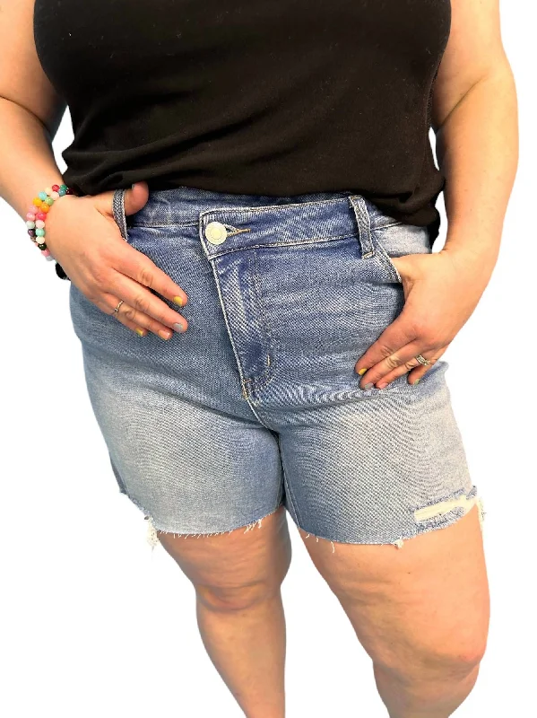 Women's Contemporary Apparel High Rise Criss Cross Shorts In Light/medium Denim