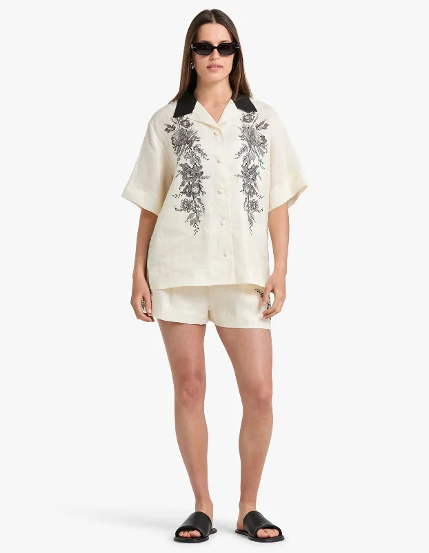 Women's Evening Wear Short Sleeve Shirt - Cream Floral