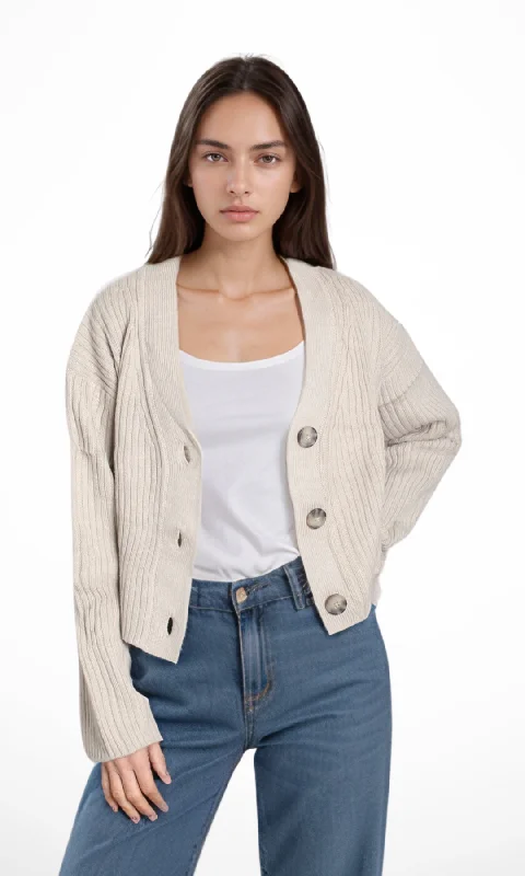 Plus Size Women Wear Original Women Ribbed Cardigan (Beige)