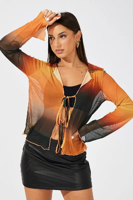 Charming Women's Holiday Apparel Brown Abstract Mesh Cardigan Long Sleeve