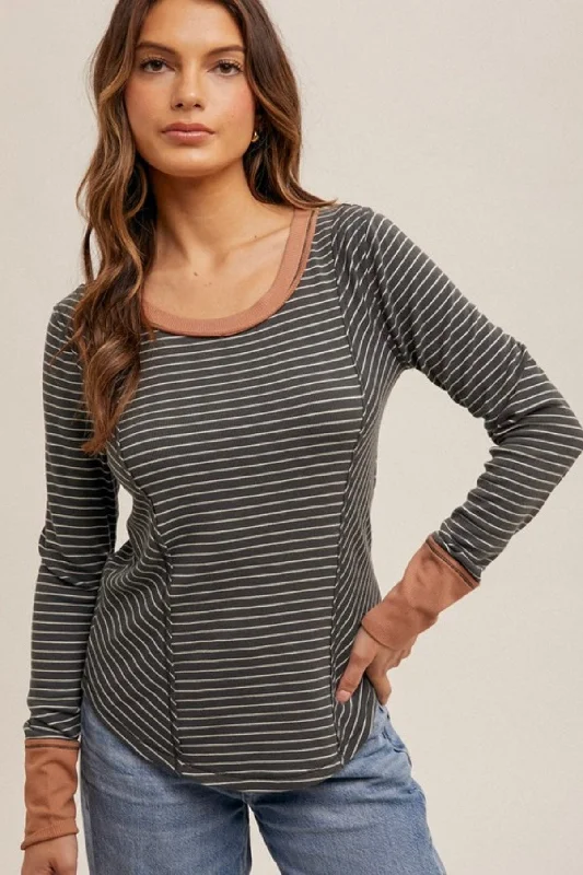 Trendy Boutiques Online Striped Cuff Detail Long Sleeve Tops - 2 Colors!