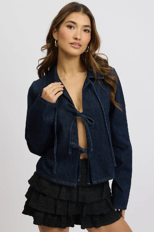 Women's Fashionable Attire For Work Denim Tie up Jacket Long Sleeve