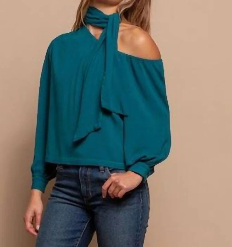 Modern Women's Apparel One Shoulder Tie Neck Top In Teal