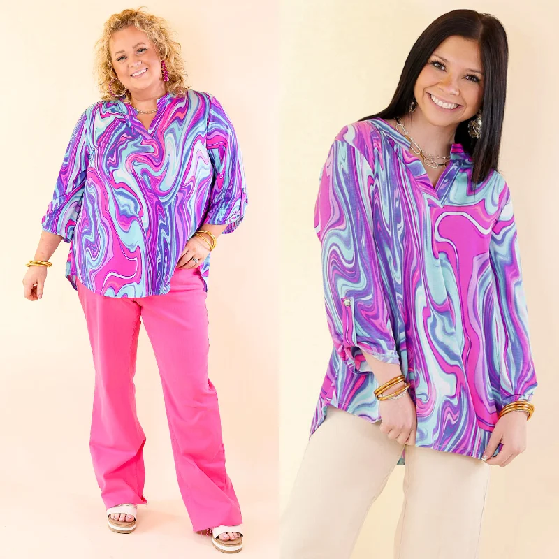 Women's Trendy Clothes Urban Elegance Marble 3/4 Sleeve Tunic Top in Purple Mix