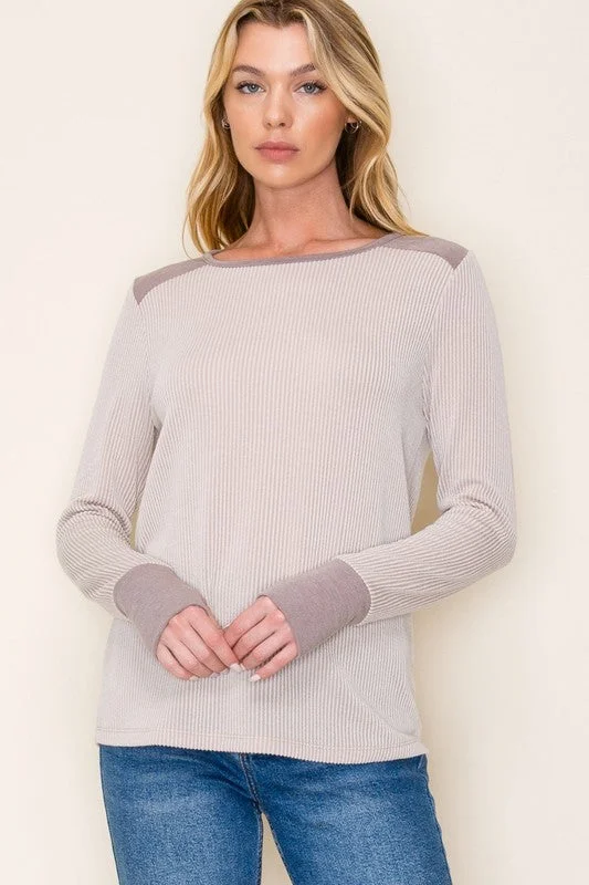 Outfits For Women Taupe Thumhole Ribbed Crew Long Sleeve