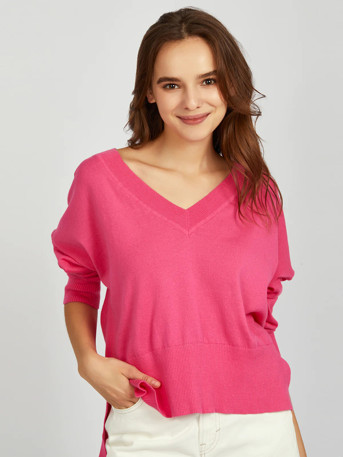 Sustainable Women's Apparel Noor Oversized V Neck Pullover - Shocking Pink