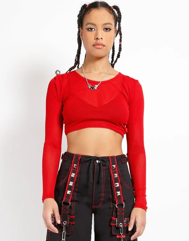 Women's Clothes LONG SLEEVE CROP FISHNET RED