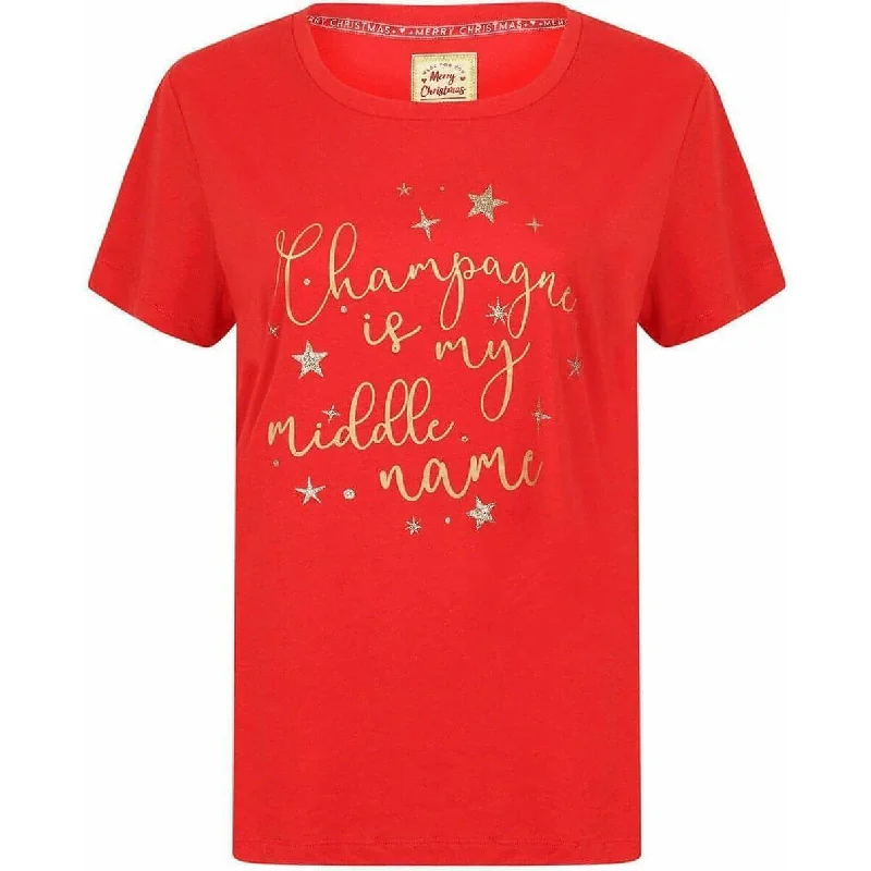 Women's Trendy Clothes Season's Greetings Xmas Bubbly Womens Christmas Short Sleeve Top - Red