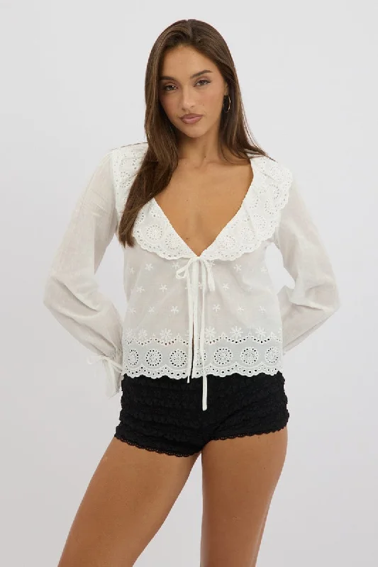 Trendy Women's Apparel for All Seasons White Eyelet Top Tie Front Long Sleeve Collared