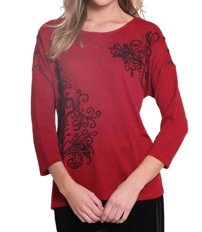 Women's Holiday Attire Dolman 3/4 Sleeve Wide Neck With Sequin Print Top In Vivid Red