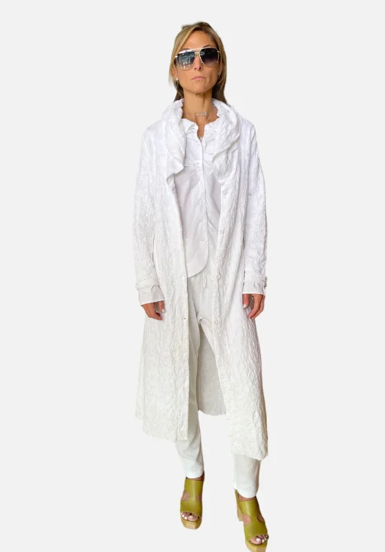 Women's Activewear Apparel Long Floral Cotton Linen Jacquard Knitted Jacket - White