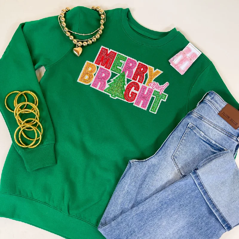 Women's Elegant Garments Merry and Bright Sequin Letter Graphic Sweatshirt in Green