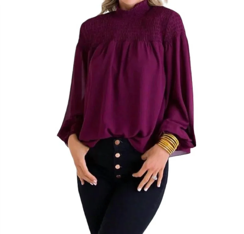 Women's Clothes Chiffon Smock Neck Top In Burgundy