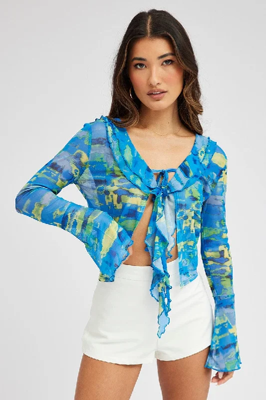 Affordable Luxury Women's Apparel Blue Abstract Mesh Cardigan Long Sleeve