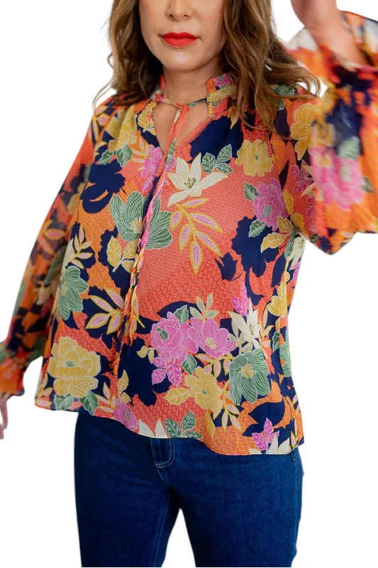 Women's Luxury Attire Long Sleeve Tie Neck Floral Print Top In Blue, Multi