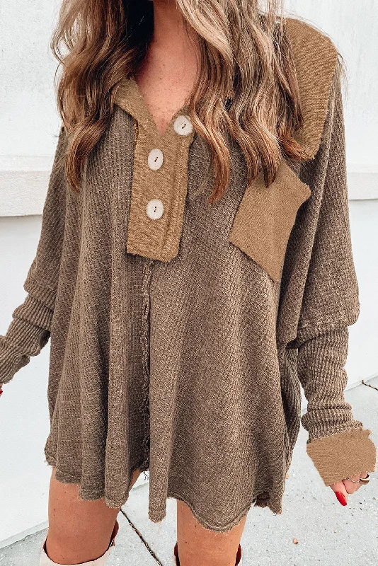 Online Boutique Stores Waffle Knit Buttoned Long Sleeve Top