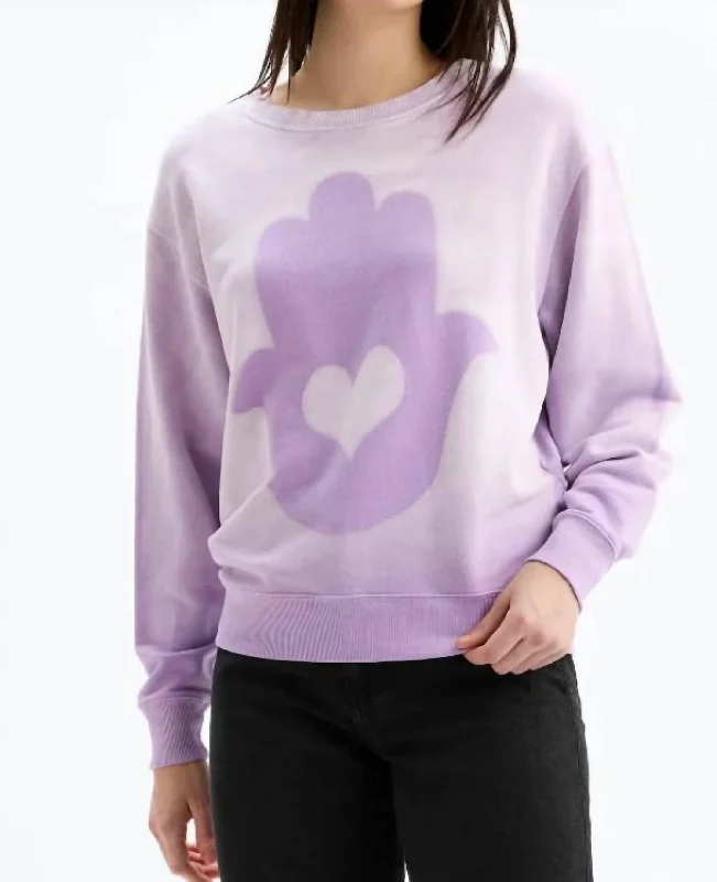 Women's Stylish Vacation Attire Big Hamsa Heart Crewneck Sweatshirt In Sunfaded Orchid