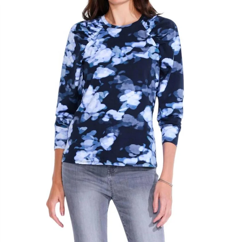 Premium Style Blurred Floral Long Sleeve Puff Shoulder T-Shirt In Blue Multi