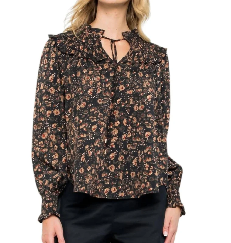 Women's Attire Smocked Detail Long Sleeve Print Top In Black