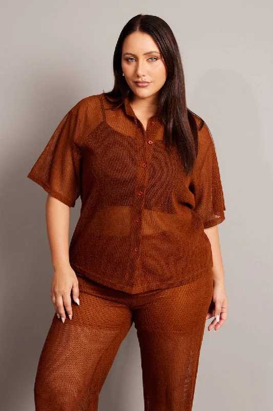 Women's Clothing Sale Online Brown Collar Knit Top Short Sleeve