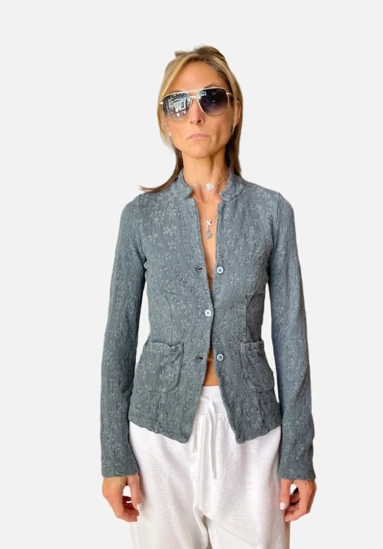 Women's Seasonal Apparel Floral Cotton Linen Jacquard Knitted Jacket - Blue