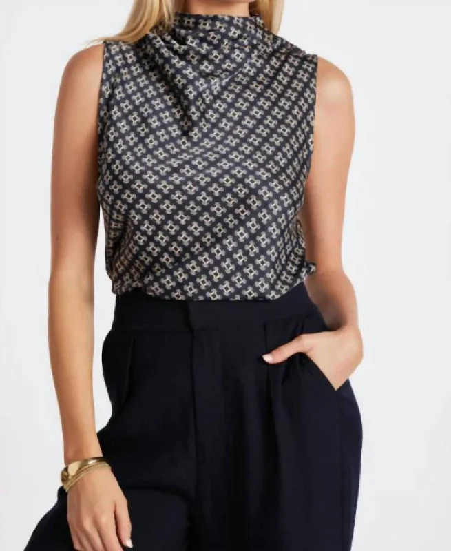 Women's Elegant Formal Outfit Claude Cowl Neck Top In Navy Heritage Print