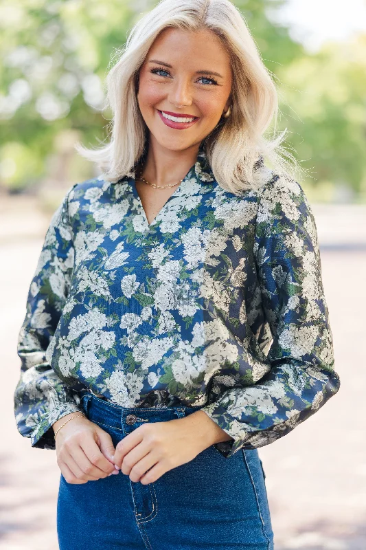 Women's Evening Wear On Your Mind Navy Blue Floral Brocade Blouse