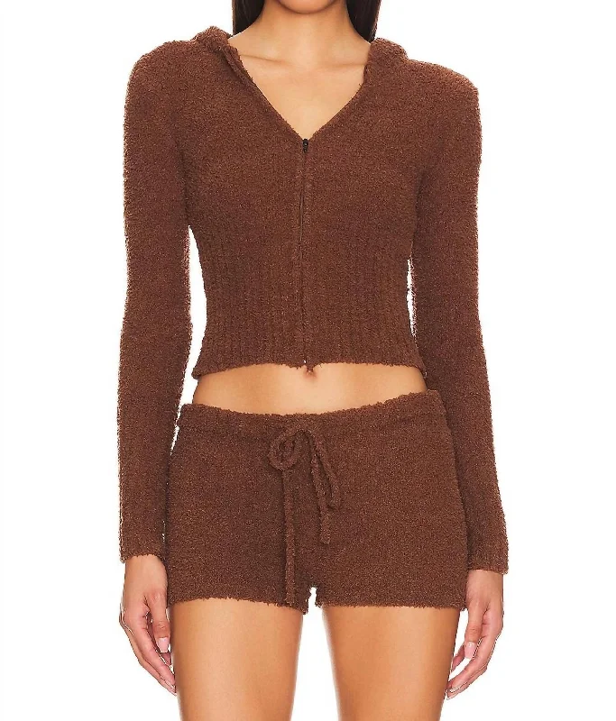 Sophisticated Style Harlow Fuzzie Zip Up Hoodie In Chocolate Lily