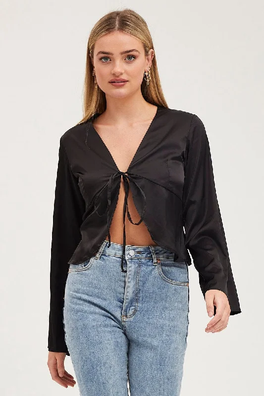 Women's Evening Apparel Black Satin Jacket Long Sleeve