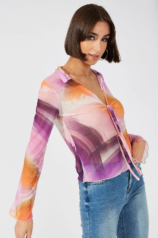 Women's Clothes And Apparel Sets Pink Abstract Mesh Cardigan Long Sleeve