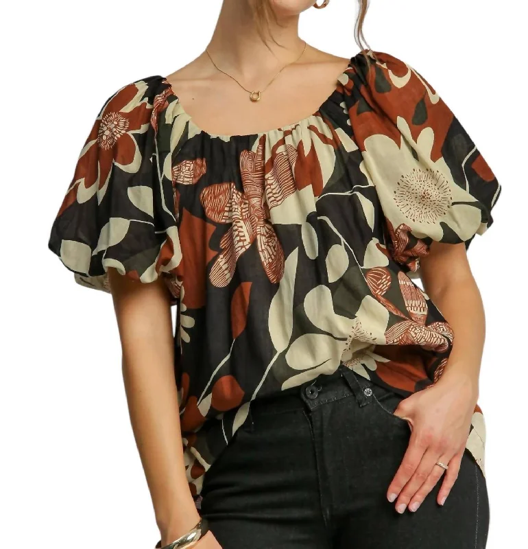 Women's Formal Apparel Puff Sleeve Abstract Print Round Neck Top In Rust Mix