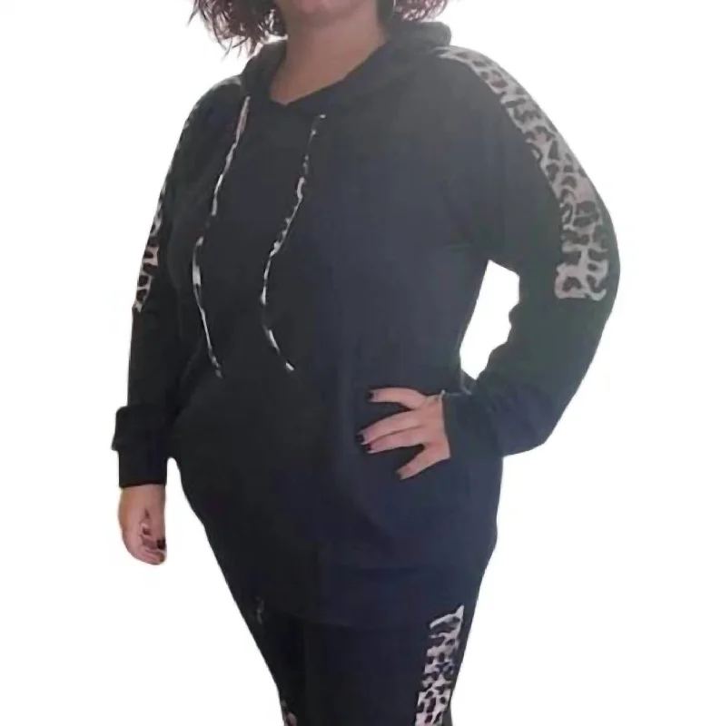 Women's Clothing Sale Leopard Trimmed Hoodie In Black