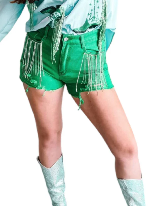 Trendy Street Style Dazzle Rhinestone Shorts In Green