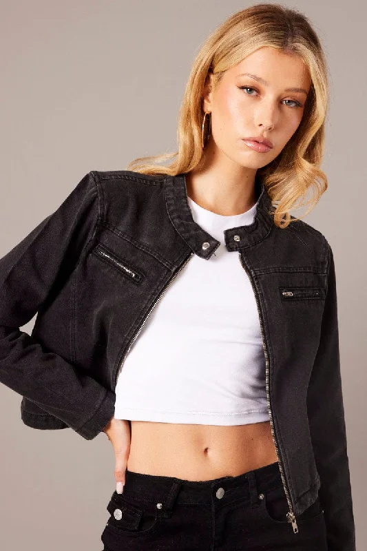 Women's Sports Apparel Black Denim Jacket Long Sleeve