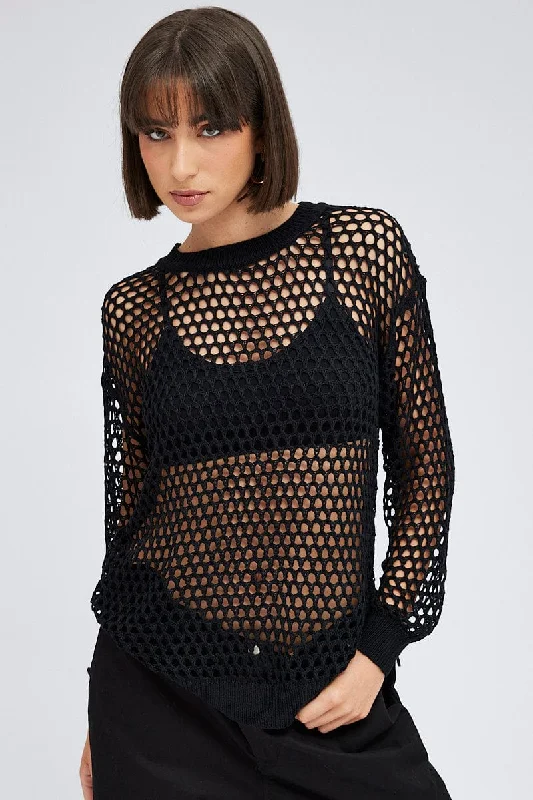 Women's Clothing Brands Black Oversized Knit Top Crew Neck