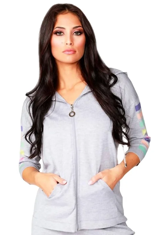 Trendy Boutiques Online 3/4 Sleeve Stripe Hoodie In Gray