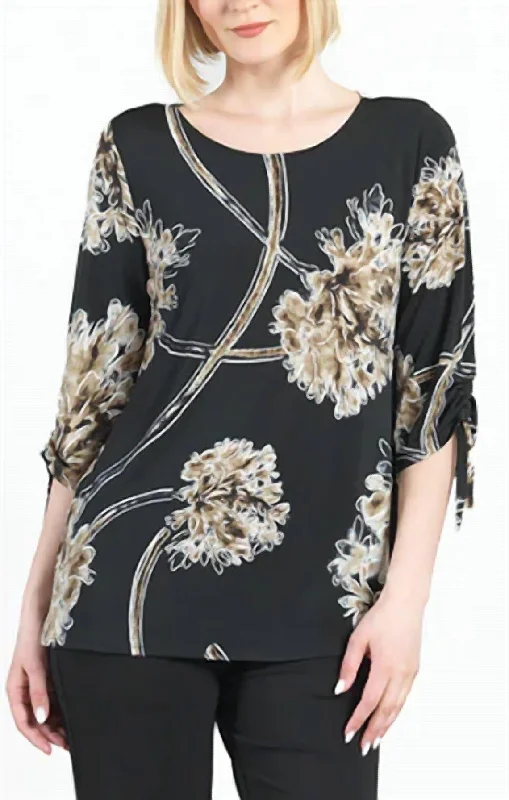 Elegant Clothing Textured Pull-Tie Cuff Tunic - Mum Blossom In Black/taupe