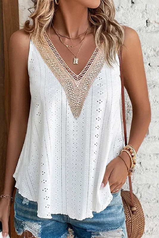 Sales Clothes White Lace Crochet Splicing V Neck Loose Fit Tank Top